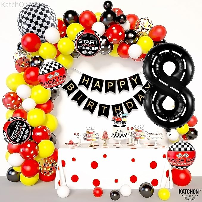 KatchOn, Giant Number 8 Check Balloon - 40 Inch | 8 Construction Balloon Decor | 8th Road Birthday Decorations | Number 8 Road Balloons for 8th Birthday Racing Decorations Boy