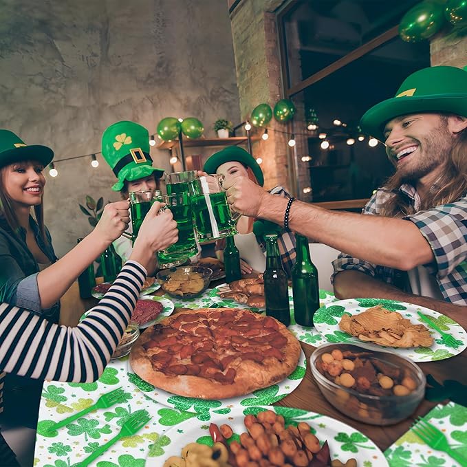 96 Pieces St. Patrick's Day Shamrock Tableware Party Supplies - Disposable Lucky Clover Design Dinnerware Set with Paper Plates, Napkins, and Forks for Irish Theme Party Celebrations - Serves 24