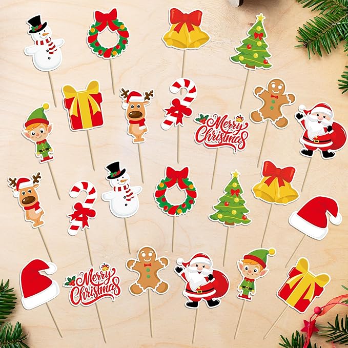 24 Pcs Christmas Cupcake Toppers, Xmas Cake Decorations Toothpicks with Santa Claus Snowman Bells Gingerbread Designs, Christmas Cake Topper Picks for New Year Holiday Party Decorations Supplies