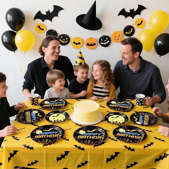 96Pcs Bat Theme Birthday Party Decorations Yellow Black Bat Birthday Dessert Plates and Napkins Set Cartoon Hero Decoration for Boys Baby Shower Super Theme Hero Bats Holiday Party Supplies Serves 24