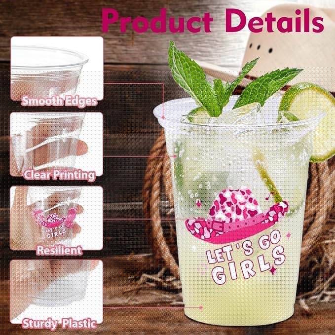 100 Pcs Pink Cowgirl Disco Plastic Cups, 12 oz Western Cowgirl Plastic Cups Clear Disposable Western Cowgirl Party Cups for Cowgirl Birthday Party Baby Shower Last Rodeo Party Supplies
