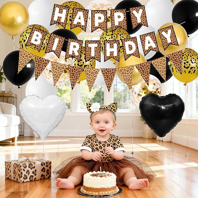 Leopard Print Happy Birthday Decorations, Gold Cheetah Print Animal Balloons Black White and Heart Balloons with Birthday Banner for Safari Wild Birthday Baby Shower Jungle Zoo Theme Party Supplies