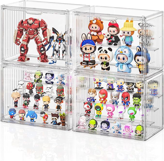 JOYZAN Acrylic Display Cases for Collectibles 4 Packs 4 Layer Adjustable Clear Figure Display Case with Magnetic Door Stackable Collectible Display Box with 3 Movable Plates Blind Box Case - Large