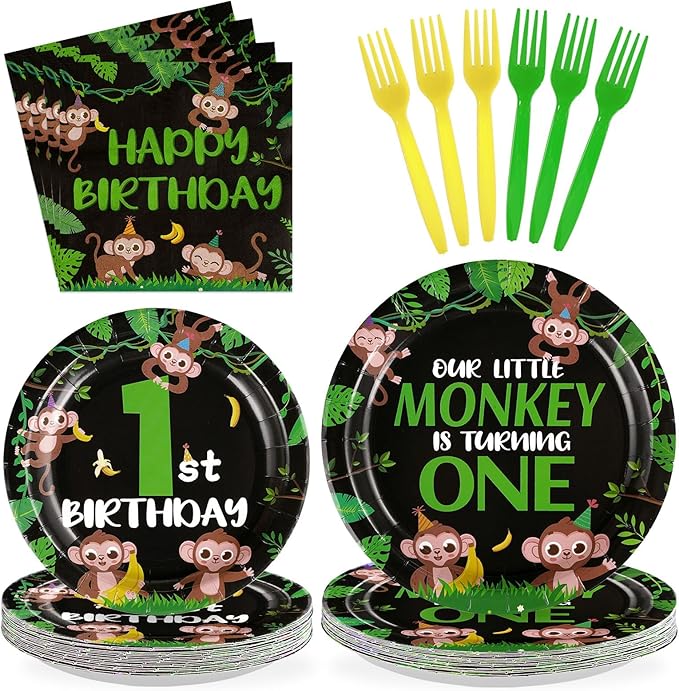 96Pcs Monkey 1st Birthday Party Decorations Our Little Monkey is Turning One Plates and Napkins Happy First Birthday Tableware Set for Wild Jungle Animal Theme Party Supplies Serves 24