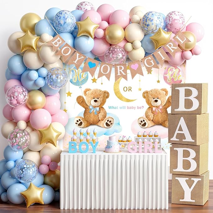 139Pcs Gender Reveal Decorations Kit with Baby Box Pink Blue Balloon Garland Arch Boy or Girl Burlap Banner He Or She Bear Backdrop Baby Shower Gender Reveal Ideas Decor Party Supplies