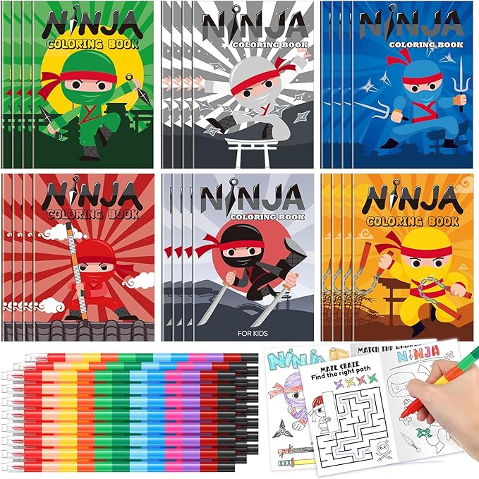 24 Ninja Coloring Book with 24 Stacking Crayons for Kid Mini Drawing Book Bulk Party Favor for Valentine‘s Day Party Supplies Goodie Bag Stuffer Carnival Prize Classroom Gift