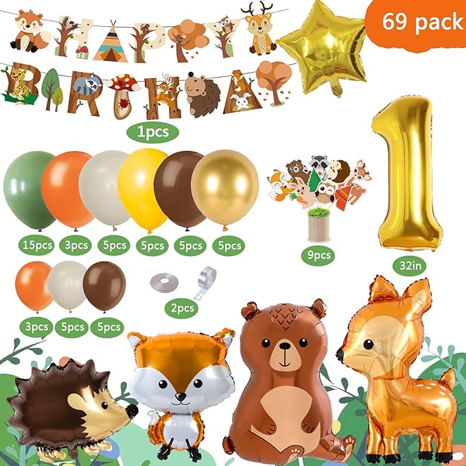 Forest Animals Jungle Birthday Decoration for Boy & Girl - Orange Brown Balloon with Happy Birthday