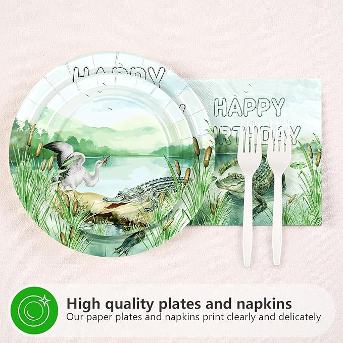 96Pcs Alligator Birthday Decorations Reptile Crocodile Alligator Plates and Napkins Watercolor Crocodile Birthday Decorations Favors for Kids Boys Reptile Bday Baby Shower Party Supplies Serves 24
