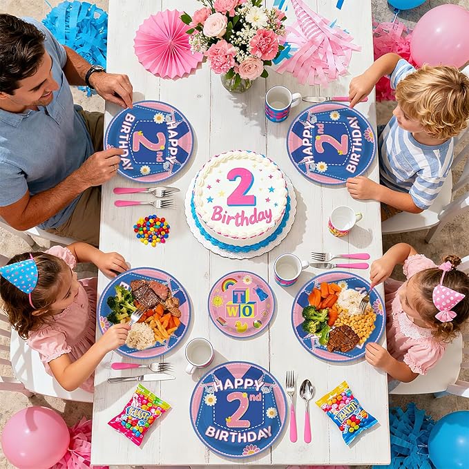 96Pcs 2nd Birthday Party Decorations Girls Pink Cartoon Teaching Plates and Napkins Cartoon English Teacher Theme Tableware Set for Girl Birthday Baby Shower Party Supplies，Serves 24