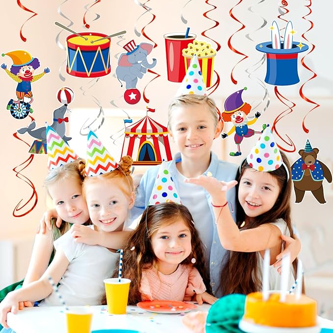 24 Pcs Carnival Hanging Swirl Party Decorations, Circus Clown Animals Theme Party Ceiling Decor Double Sided Circus Decorations for Home Classroom Birthday Party Favors