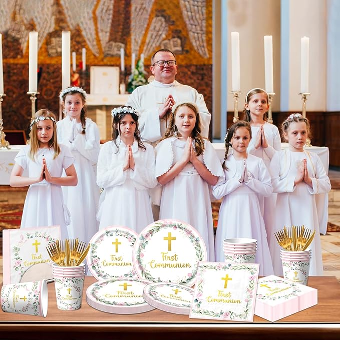 First Communion Decorations for Girls, First Communion Plates and Napkins Pink Primera Comunion Decoracion First Communion Party Supplies for First Holy Communion Baptism Party Decorations Serves 25