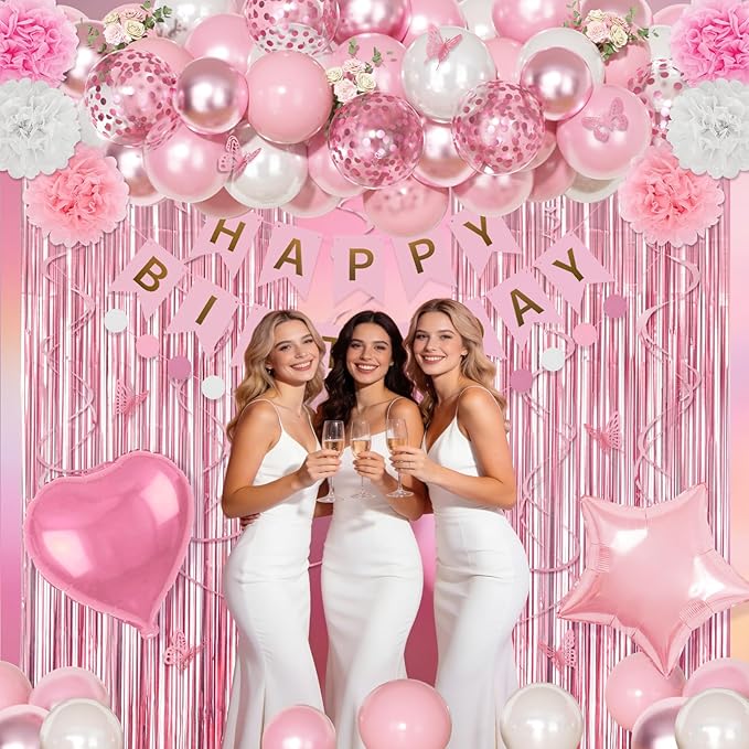 Pink Birthday Party Decorations, Pink and White Pearl Confetti Foil Balloons Happy Birthday Banner Fringe Curtain Butterfly Hanging Swirls Circle Dots Tassels Pompoms for Women Girls Party Supplies