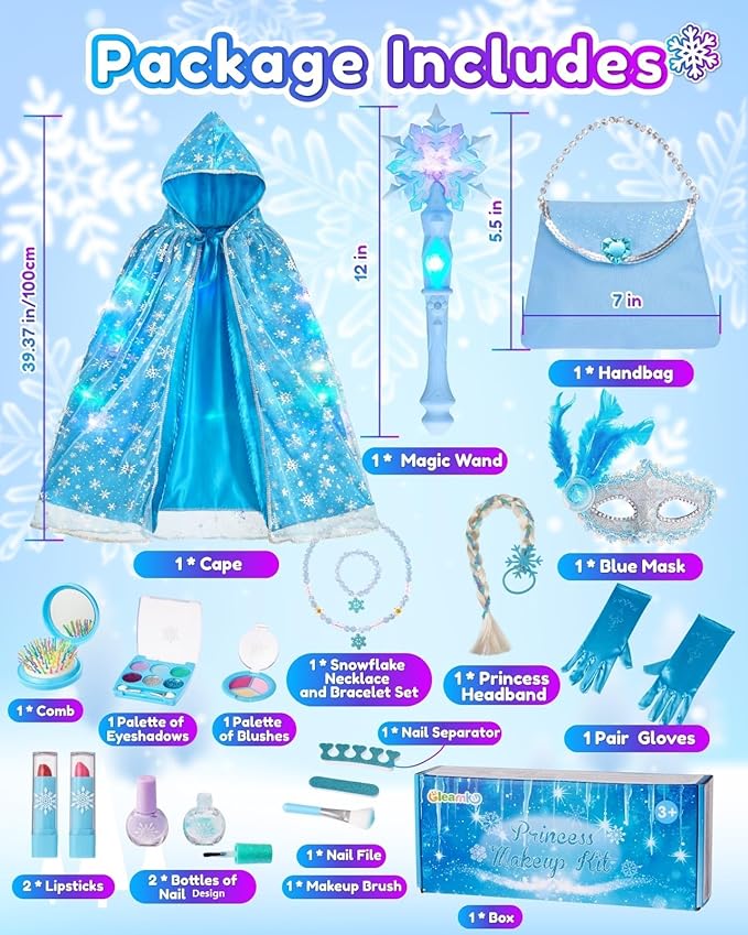Frozen Toys for Girls-Princess Dress Up Set, 3 Lighting Mode Princess Cape, Music & Light Up Wand, Kids Makeup Kit, Wig, Mask, Gloves, Dress-up Accessories for Princess Cosplay Costume for Girl Age 3+