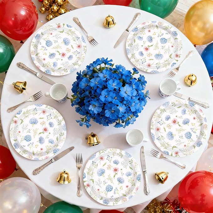 50Pcs Hydrangea Paper Plates 9 Inch Heavy Duty Blue and White Vintage Floral Dessert Plates Spring Tea Party Dinner Plate for Tea Wedding Bridal Baby Shower Birthday Bachelorette Party Decorations