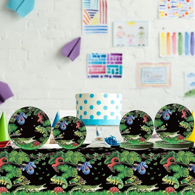 Reptile Lizard Snake Birthday Party Supplies Tableware Kit for 24 Guests Camping Wildlife Snakes Party Plates Napkins Decorations and Favors with Wilderness Jungle Alligator Turtle Tablecloth