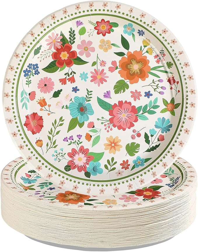 50Pcs Spring Retro Floral Party Paper Plates 10 Inch Heavy Duty Disposable Spring Flower Party Decorations Vintage Rustic Floral Plate for Boho Picnic Wedding Holiday Summer Birthday Party Supplies