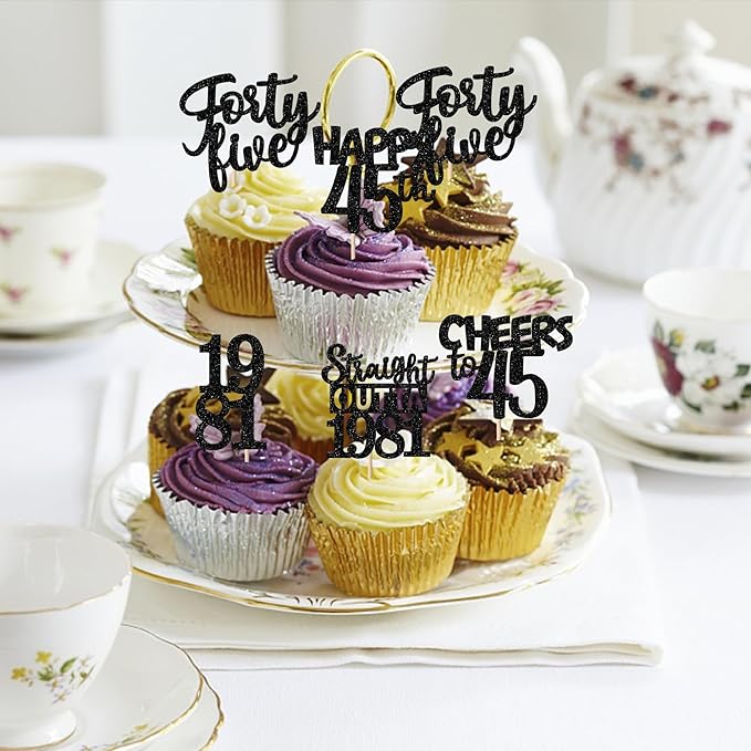 30PCS Black 45th Birthday Cupcake Toppers Glitter Forty Five Happy 45 Straight Outta 1981 Cupcake Picks for Cheers to 45 Years 45th Birthday Anniversary Party Cake Decorations Supplies