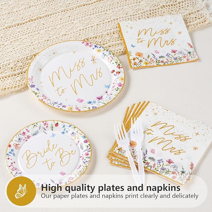 96Pcs Wildflower Bridal Shower Party Supplies Watercolor Floral Miss to Mrs Plates and Napkins Gold Foil Tableware Sets Bride to Be Decorations for Women Wedding Engagement Party Favor Serve 24