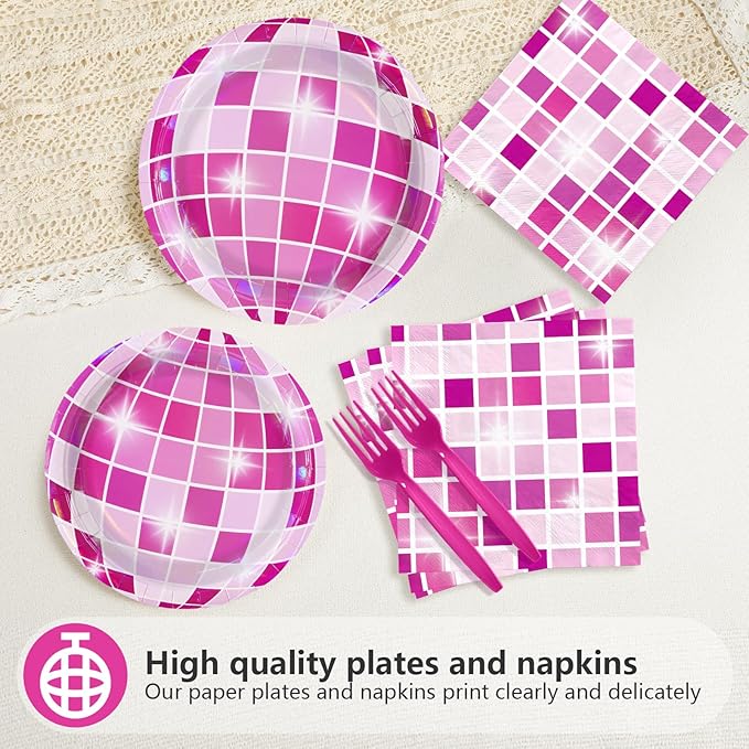 96Pcs Disco Ball Party Decorations Hot Pink Disco Ball Cowgirl Plates and Napkins Sets Iridescent Cowgirl Decorations for Wedding Sprinkle Bachelorette 70s Disco Party Supplies Serves 24