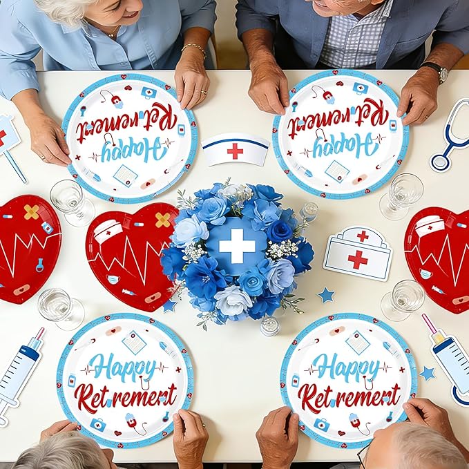 96Pcs Nurse Retirement Party Decorations Red and Blue Happy Retirement Plates and Napkins RN Theme Tableware Set for Retired Medical Staff Doctor Party Supplies Serves 24
