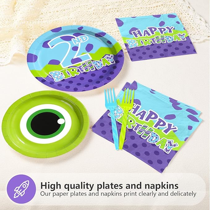 96Pcs Monster Birthday Party Supplies 2nd Monster Theme Party Plates and Napkins Disposable Green and Purple Cartoon Tableware Set for Kids 2nd Birthday Baby Shower Decorations Serves 24