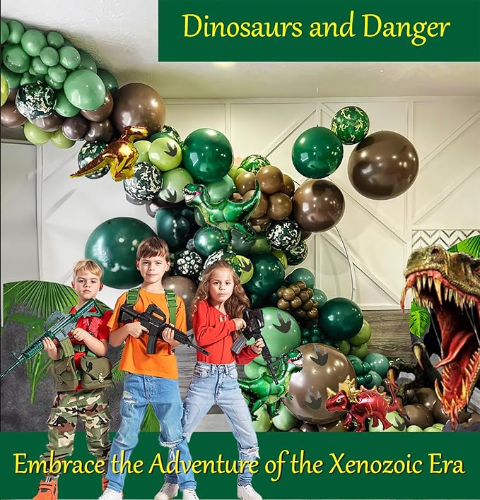 Dinosaur Trunk or Treat Car Party Balloon Arch Garland Kit with Dark Green Sage Green Brown Dino Foil Balloons for suv SUV Car Archway Garage Dinosaur T-REX Theme Halloween Decoration Supplies