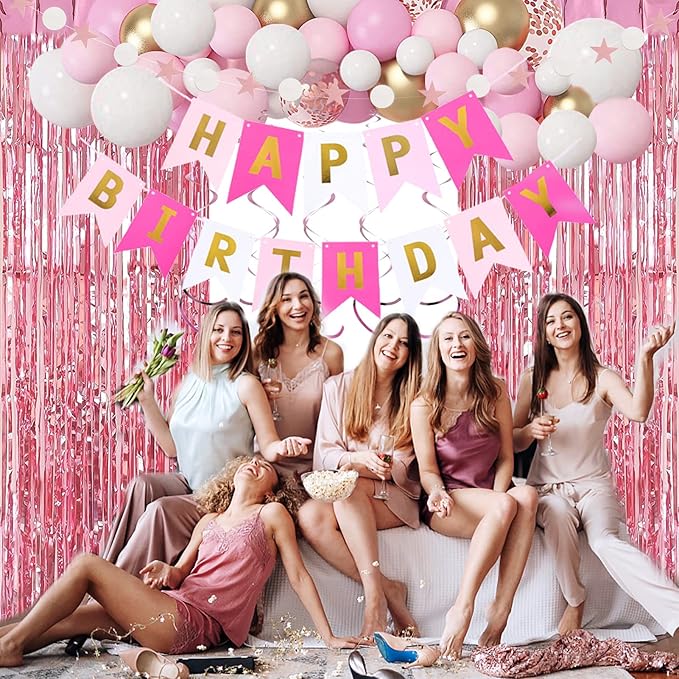 Pink Gold Birthday Party Decorations, Happy Birthday Banner, Pink Fringe Curtain, Heart Star Foil Confetti Balloons, Hanging Swirls for Women Girls Birthdays Princess Party