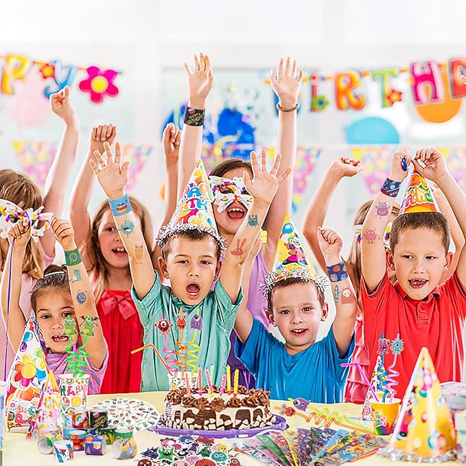 98Pcs Monster Party Favors Birthday Supplies for Kids, Drinking Straw Keychain Slap Bracelet Glow Tattoo Sticker Cartoon Sticker, Goodie Bag Stuffer Filler Girls Boys Monster Party Supplies Decor