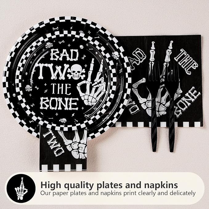 96Pcs Bad Two The Bone Party Supplies Black White Rock 2nd Birthday Plates and Napkins Tableware Bone Skull Second Birthday Party Decoration for Boy Skeleton Rock And Roll Music Theme Favors Serve 24