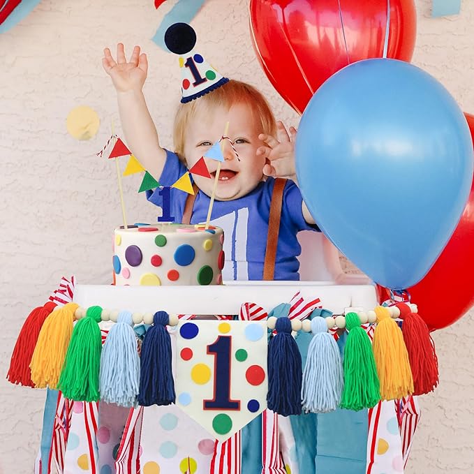 Colourful Rainbow Dot 1st High Chair Banner Conical Cap Primary Colors Cake Topper for Boys Girls Birthday Party Decorations