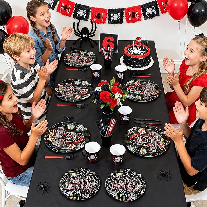 96Pcs Spider 6th Birthday Party Decorations Black Spider 6th Birthday Plates and Napkins Cartoon Super Theme Hero Paper Tableware Set for Boys Kids 6 Year Old Birthday Party Supplies Serves 24