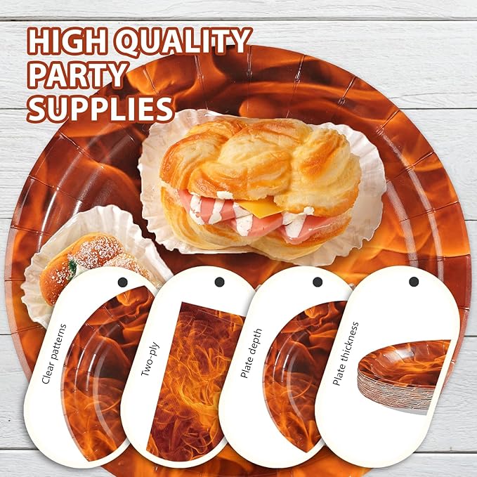 96Pcs Fire Party Decorations Fire Flame Plates and Napkins Fireman Themed Tableware Set for Firefighter Birthday Bonfire Firetruck Theme supplies Party Supplies Serves 24