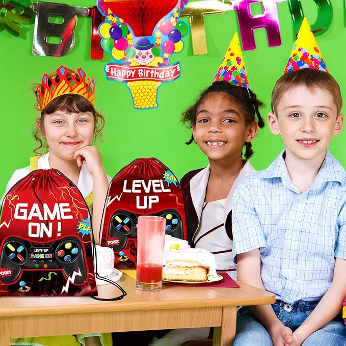 Eccliy 20 Pcs Video Game Party Favor Bags Gamer Birthday Party Drawstring Bags for Kids Boys Girls 12 x 10 Inch Gaming Goodie Treat for Game on Theme Decorations Supplies(Red,Lively Style)