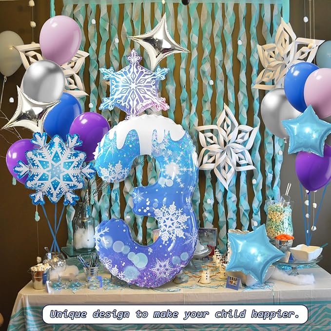 40 Inch Frozen Balloons number 3 Birthday Balloon,2 Giant snowflake foil balloons, 2 blue and silver star foil balloons Frozen Theme Party Supplies Winter Party Decoration For Girl's Birthday