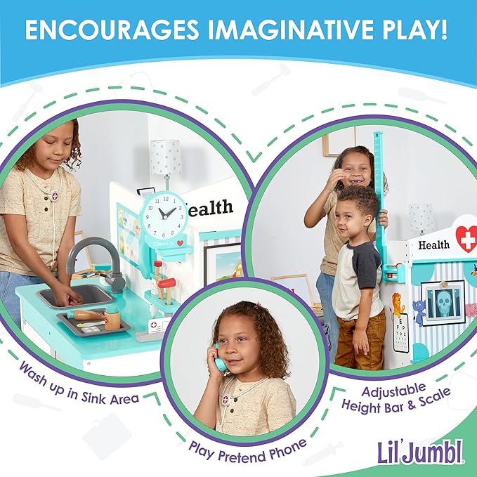 Lil’ Jumbl Wooden Doctor Playset, Multi-Sided Medical Office Activity Center with Exam Room, Check-in & Waiting Areas, Toddler Playset, Doctors Office Pretend Play