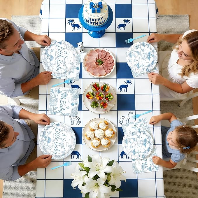 96Pcs Blue Safari Animals Baby Shower Decorations Toile De Jouy Plates and Napkins Baby is on The Way Tableware for Chinoiserie Baby Shower Gender Reveal Party Supplies Serves 24
