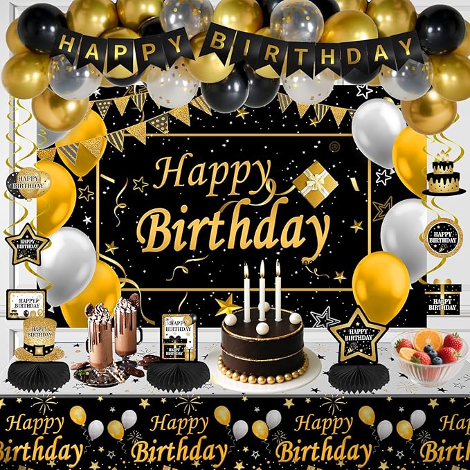 Black and Gold Birthday Decorations, Brithday Party Decorations for Men Boys Women Girls with Black Gold Happy Birthday Banner Decorations Tablecloth Backdrop Balloons Arch Bady Party Supplies