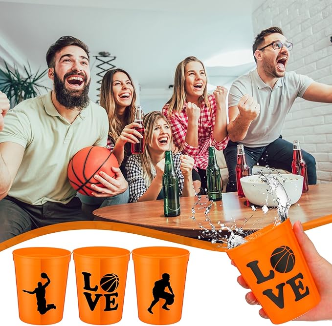 Zhehao 30 Pcs Sport Ball Plastic Cups Hockey Football Basketball Plastic Reusable Drink Cups Bulk 16 oz Stadium Tumbler Stackable Sports Tumbler for Sport Party Supplies(Basketball,Orange)