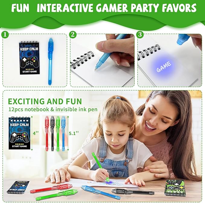 146 Pcs Video Game Party Favors, Gamer Party Favor -Ink Pen Notebook VIP Passes with Lanyards Slap Bracelets Keychains Bags Tattoo Stickers for Kids Gaming Party Favors Game On Birthday Partys Favor