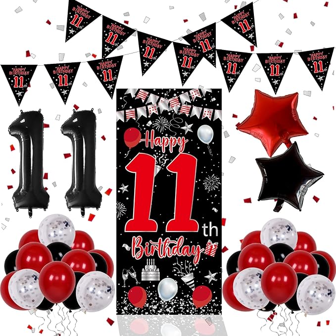 11th Birthday Decorations for Boys Girls, Happy 11th Birthday Decorations Boy, Red Black 11 Year Old Birthday Door Banner, Triangle Flag, Large Number 11 Balloons Bday Party Decor for 11 birthday