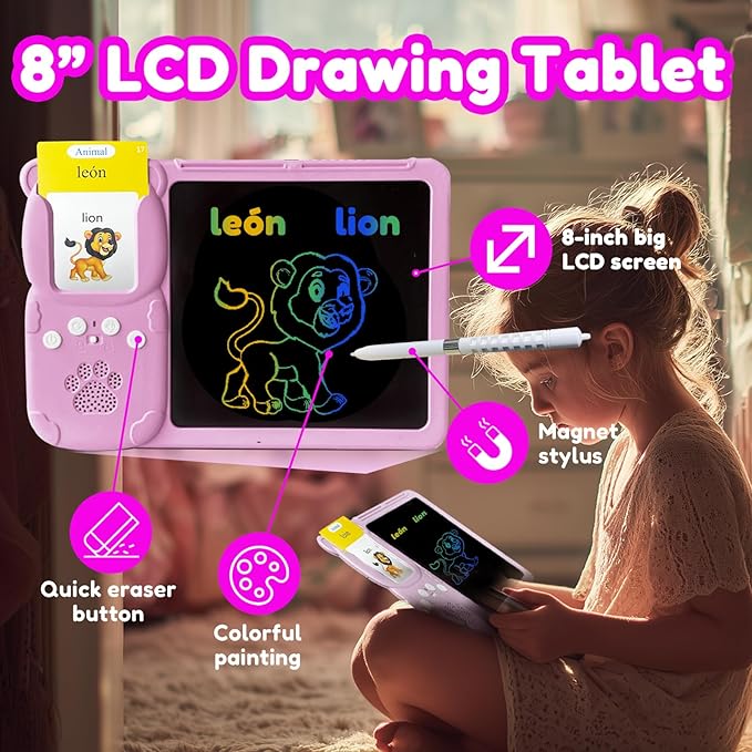 Drawing Tablet with Bilingual Flashcards for Kids - Spanish English Talking Flash Cards, LCD Writing Pad Board, Pocket Speech for Toddlers, Learning Toy Gift for Boys Girls (Spanish, Pink)