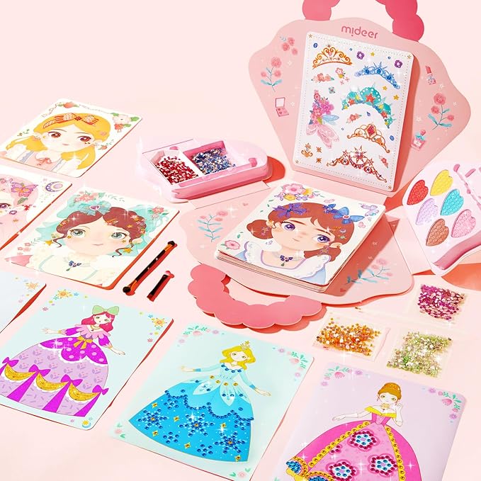 MiDeer 4-in-1 Dress Up Games Set, Princess Art Craft Kits with Makeup Books, Stickers & Diamond Painting, Mess-Free Safe DIY Art Activity, Travel Toys, Ideal Birthday for Girls 4-8+