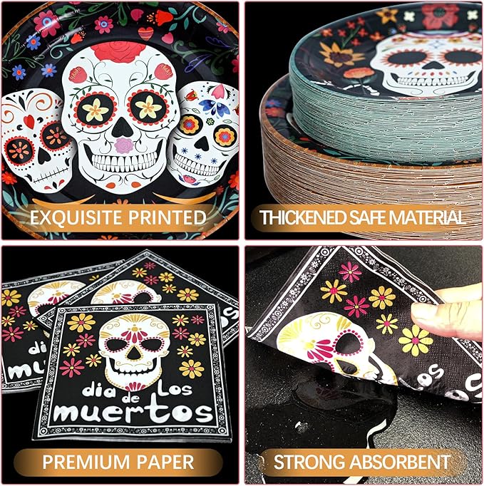 180Pcs Day of the Dead Party Plates and Napkins Set,Sugar Skull Tableware Decors Mexican Fiesta Theme Party Decorations for Day of The Dead Halloween Birthday Party Supplies,Serve 60 Guests