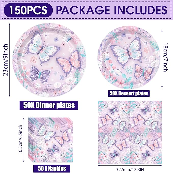 150pcs Butterfly Birthday Party Supplies Purple Butterfly Paper Plates Napkins Disposable Tableware Set Butterfly Party Supplies for Boys Girls Birthday Decor Serves 50 Guests