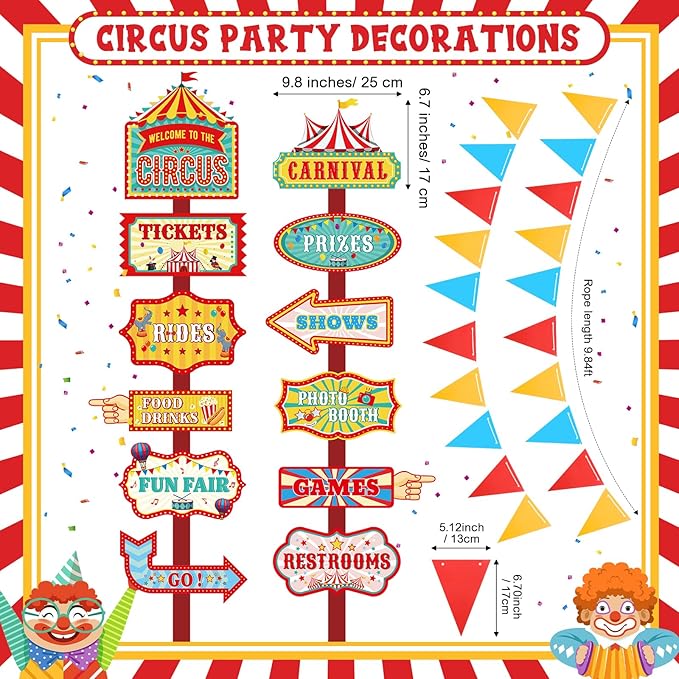 ShinyRelief 15 Pcs Circus Decorations Carnival Striped Awning Porch Banner Carnival Theme Directional Signs Welcome to the Circus for Birthday Party Supplies