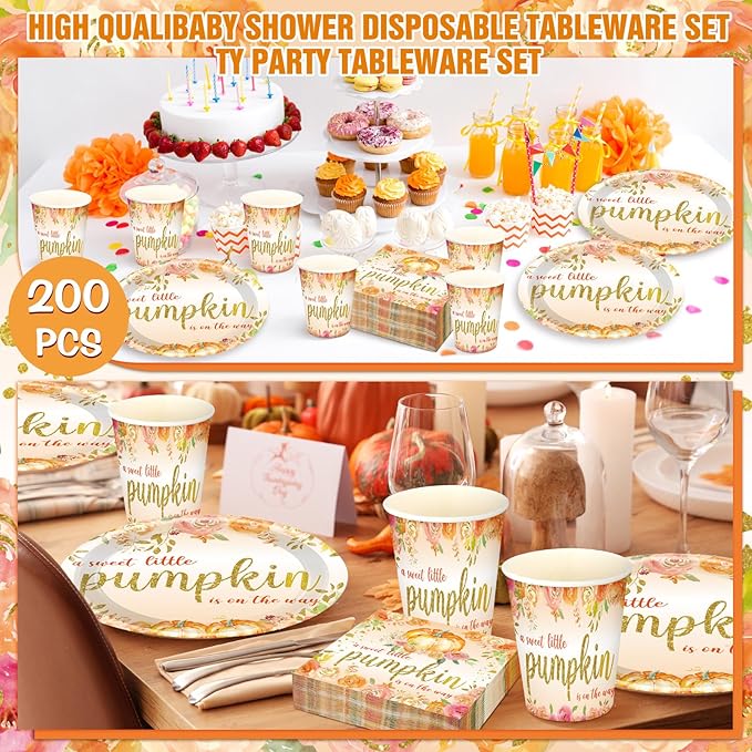 Hushee 200 Pcs Little Pumpkin Baby Shower Paper Plates Napkins Cups Baby Shower Party Supplies Tableware Set Yellow Disposable Cup Napkin for 50 Guest Autumn Thanksgiving Party Decoration