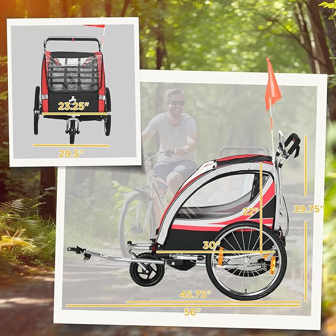 Aosom 2-in-1 Walk/Ride Child Baby Bike Trailer for Kids 2 Seater, High-Visibility Bike Stroller for Toddler Wagon, Weather-Strong Double Bicycle Trailer Accessory for Kids