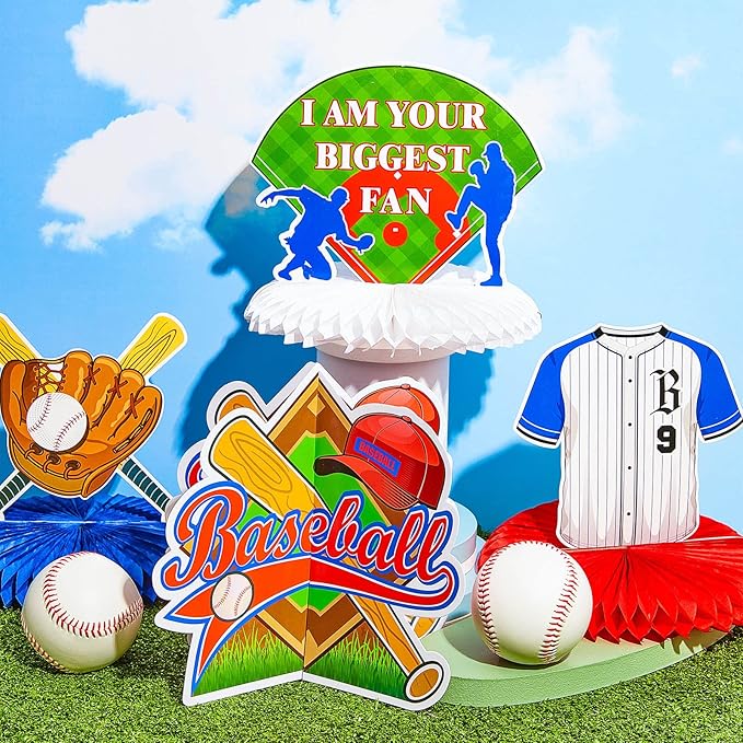 Marspark 12 Pcs Baseball Party Decoration Baseball Centerpieces Birthday Party Supplies Honeycomb Centerpieces Sports Theme Decor for Birthday Baby Shower