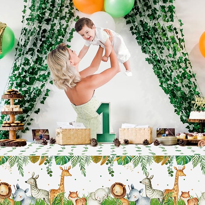 Jungle Safari Tablecloths,3Pcs Wild Animal Table Cover for Safari Baby Shower Decorations,Boys and Girl Birthday Party Sage Green Theme Party Supplies