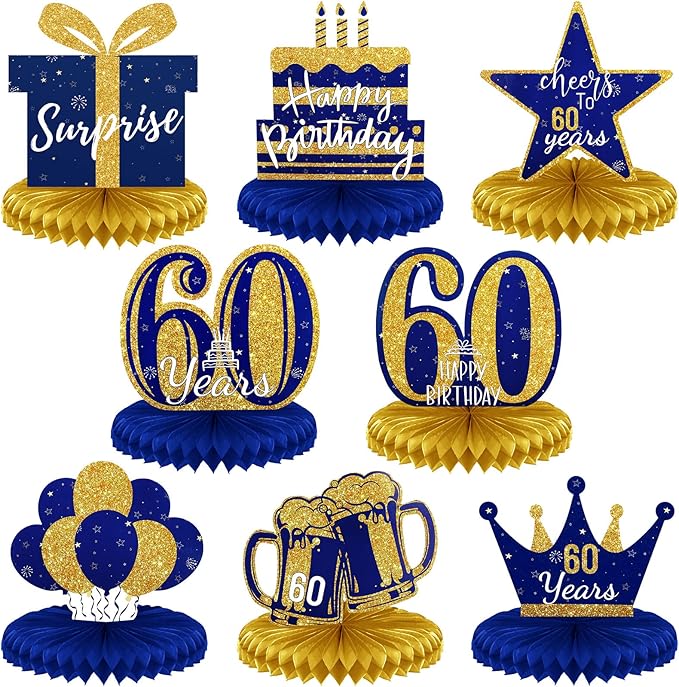 Spakon 8 Pieces Table Decorations Glitter Honeycomb Centerpieces Table Toppers Party Decorations for Men and Women Party Supplies(60th Birthday,Blue Gold)